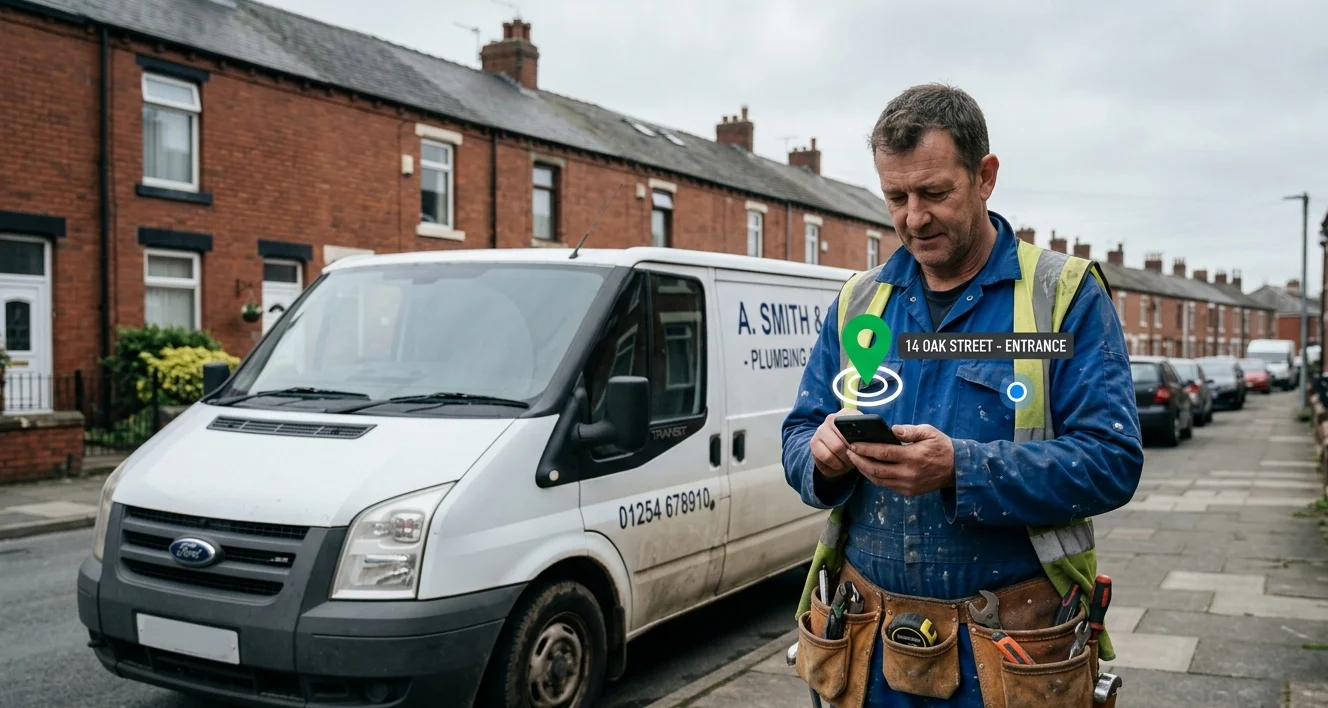 Blackburn tradesman checking Google Maps on phone beside work van - local SEO for trade businesses