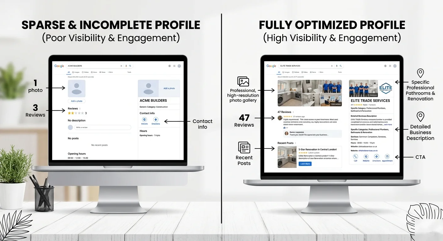 Google Business Profile optimisation before and after - sparse incomplete GBP versus fully optimised profile for a Blackburn trade business