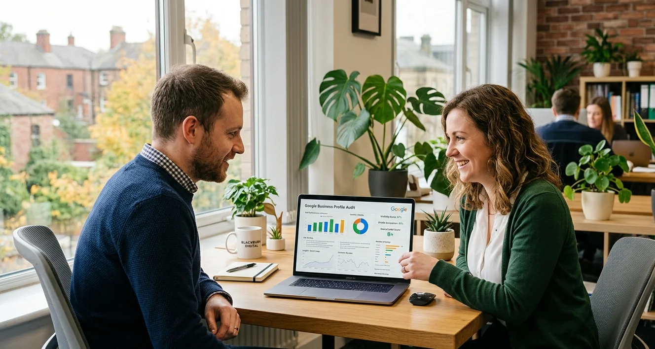 Lumeops local SEO agency reviewing Google Business Profile audit results for a Blackburn trade business client