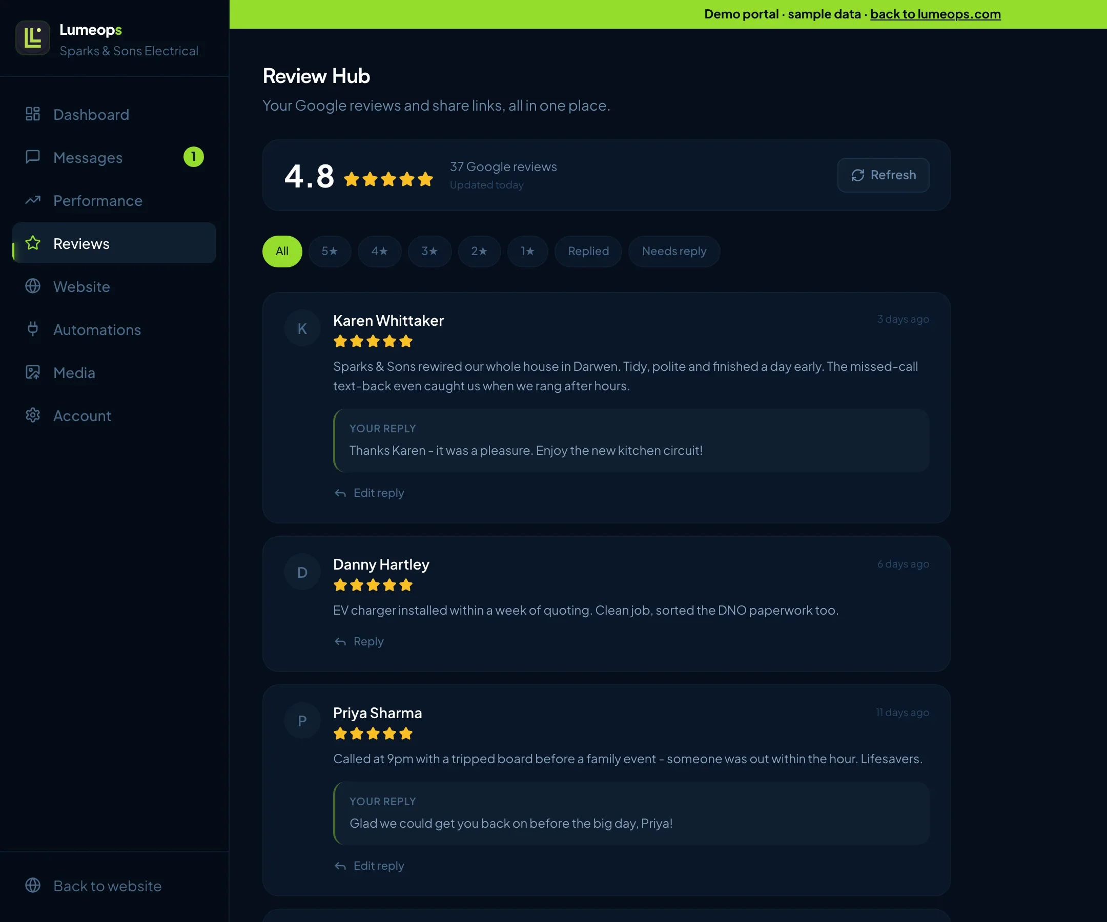 The Lumeops Client Portal reviews tab showing Google reviews with replies
